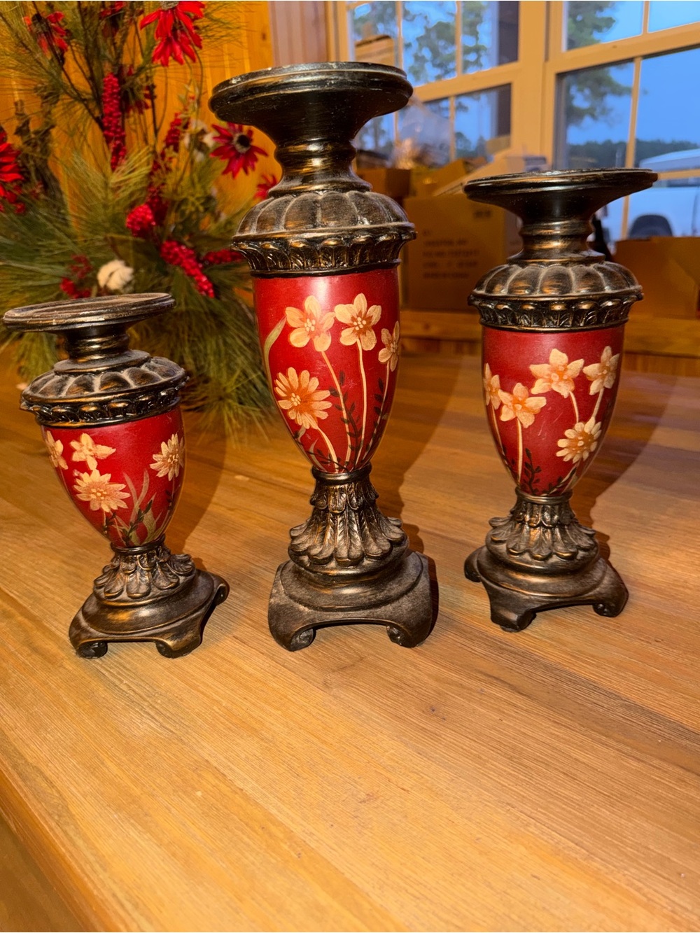 Red Floral Metal Accent Candle Holder Set - Unbranded
